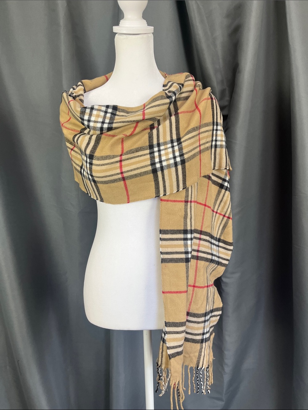 Classic Camel Plaid Wrap with Red Accents